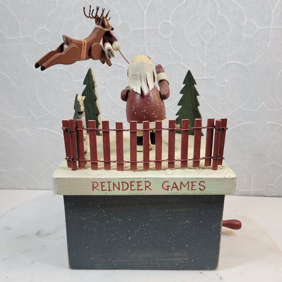 Vintage Wooden Box Christmas Motion Decor Reindeer Games Santa Flying Reindeer - Picture 3 of 16